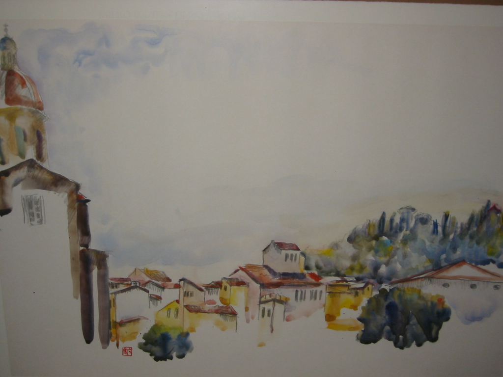 Aquarell mit Kirche gerahmt 80x60.JPG
